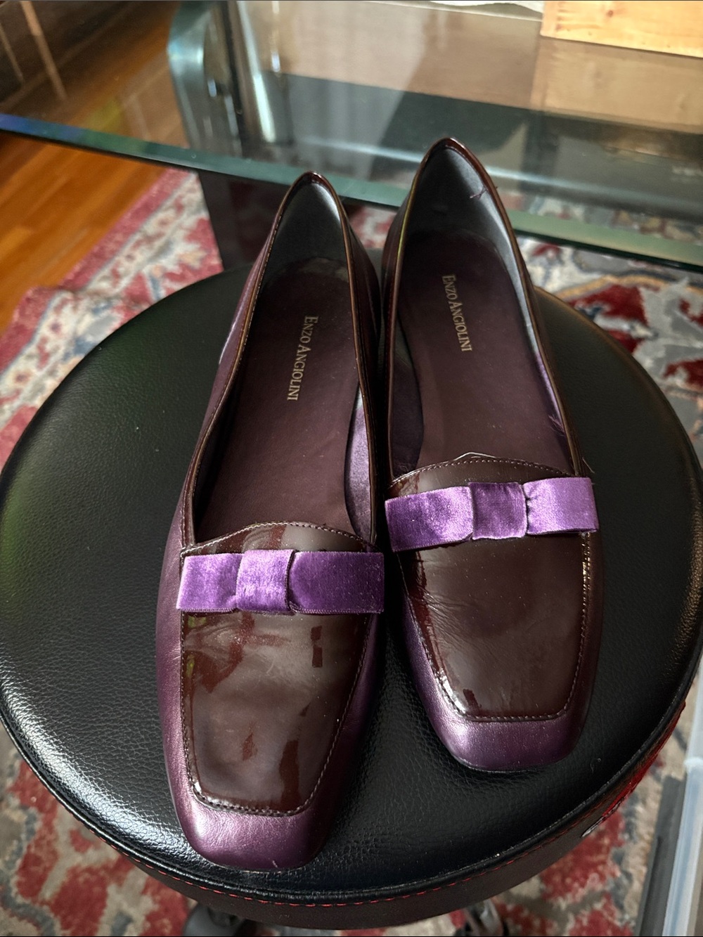 Enzo Angiolini Plum Patent Loafers with Velvet Bow